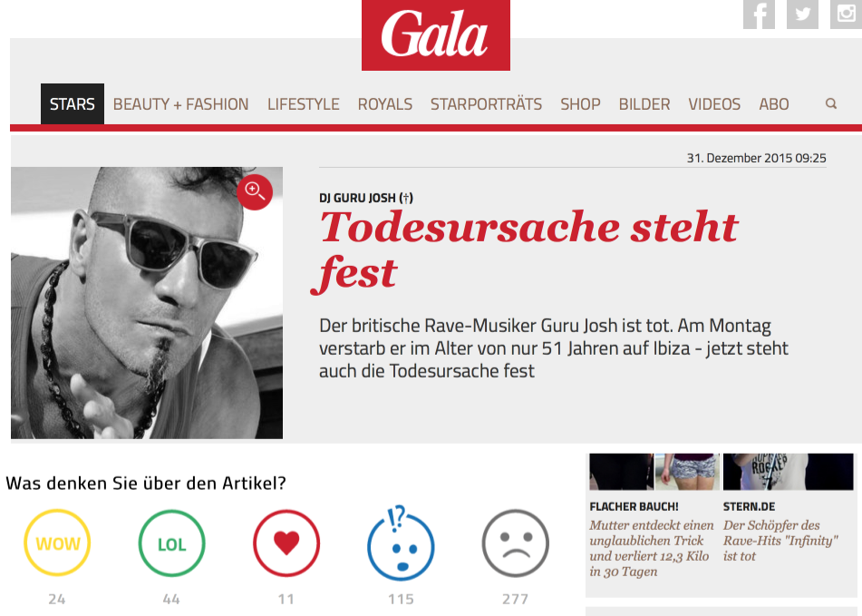 Gala-Meldung zur Todesursache von Guru Josh plus Gefühl-O-Meter